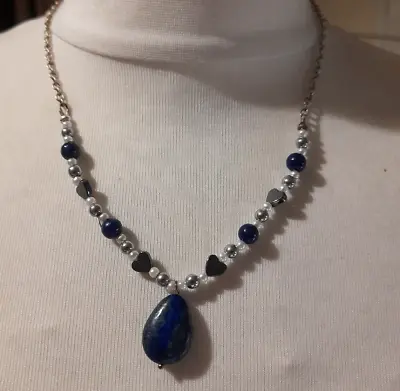 Lapis Lazuli And Silver Tone Pendant Necklace Simulated Sapphires  Silver Tone • £9.99