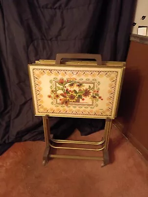 Vtg Set Of 4 LAVADA MCM Floral Faux Needlepoint TV Tray Tables W/ Rolling Stand • $200