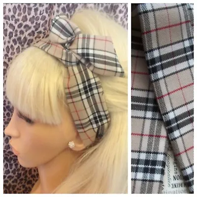 Beige Tartan Check Fabric Bendy Wire Hair Wrap Head Band Wired Bow Retro • £4.99