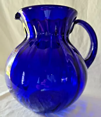 Vintage Ex Large Hand Blown Cobalt Blue Art Glass Pitcher 9.25” Balloon Bottom • $49.99
