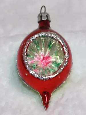 Vintage Mercury Glass Red & Green Indented Teardrop Mini Christmas Ornament • $6.99