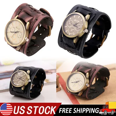 Men Retro Bracelet Watch Band Wide Leather Strap Cuff Vintage Quartz Wristwatch • $11.89