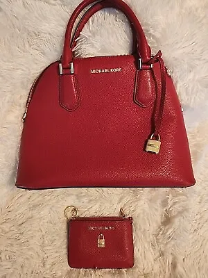 MK Michael KORS Veronica Med SAFFIANO LEATHER Dome Satchel PURSE + ID Wallet RED • $74.99