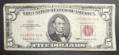 Star Note 1963 U.S. $5 Five Dollar Red Seal Circulated Condition Note      (003) • $19.99