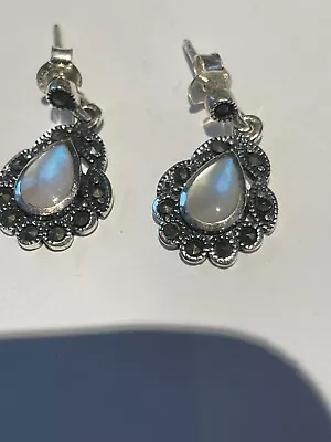 Mother Of Pearl And Marcasite Earrings Sterling Silver Drops • £12.90