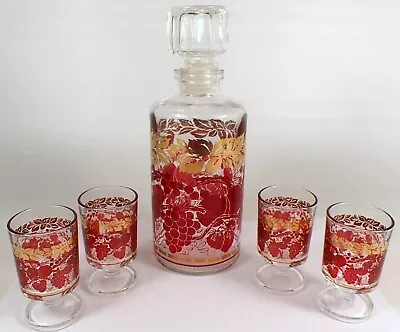 RARE Vtg France Liquor Decanter Set 4 Glass Red Grape & Cherry Motif Gold Leaf • $40
