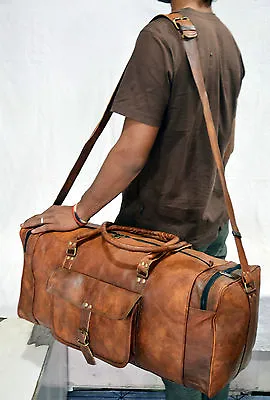 New Men's Genuine Brown Leather Retro Vintage Large Round Duffle Travel Gym Bag  • $55.45