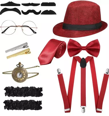 1920s Men Costume Accessories Set Roaring Retro Gangster Costume Hat Bow Tie • £8.97