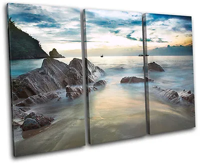 Beach Sunset Seascape TREBLE CANVAS WALL ART Picture Print VA • £34.99