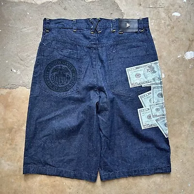 Vintage Y2K Makaveli Dark Wash 15” Denim Shorts Hip-Hop Baggy Tupac Mens Size 36 • $24.99