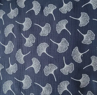 Navy Blue Cotton Muslin Double-Gauze W/ Gingko Leaves Print In Ice White • $12