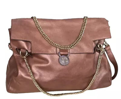 Versace Collection Brown Bronze Leather Vitello Perlato Chain Strap Satchel Bag • $169.99