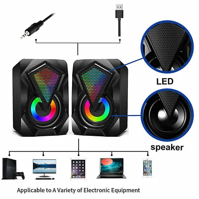 USB Wired RGB Computer Speaker Stereo Bass With Colorful LED Light For PC Laptop • £13.59