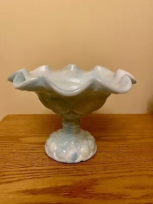 Vintage Fenton Ruffled Edge Pedestal Compote Bowl Blue White Slag Milk Glass ?? • $12.99