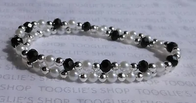 £3.50 • Buy Set Of 2 Handmade Faceteted Glass, Pearl & Silver Bead Stretch Bracelets (113)