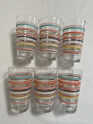 $45 • Buy Vintage Set Of 6 Libbey Fiestaware Fiesta Pastel Striped Drinking Glasses 16 Oz