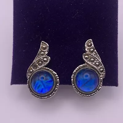 Vintage Clip On Earrings. Morpho Butterfly Wing And Marcasite Stones. Art Deco. • £15