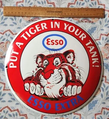 Mint Porcelain Esso Exxon Mobil Gasoline Tiger Sign Oil Vintage Clean • $110