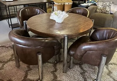 MCM CHROME DINING SET CAL- STYLE W/ Four Rolling Bucket Chairs Mur Wood • $1780
