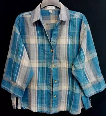 Dressbarn Blue Plaid Button Down Womens 3/4 Sleeve Plus Top 3X • £0.78