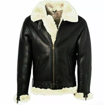 Aviator Fur B3 Bomber Black Real Leather Jacket Genuine Sheepskin For Mans • $149.99