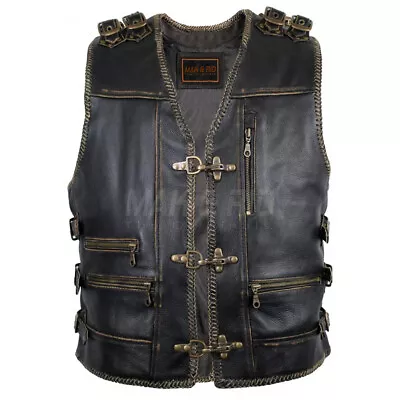 Men's Genuine Cow Leather Heavy Antique Zipper Motorcycle Waistcoat Vest S6-A • $109.99