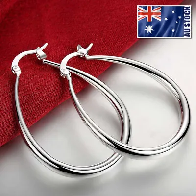 $6.99 • Buy Stunning 925 Sterling Silver Filled SP Large Oval Hoop Huggie Earrings
