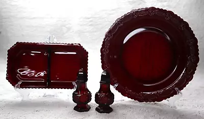 Avon 1876 Cape Cod Ruby Red Glass Salt & Pepper Shaker Cake Plate Relish Dish • $39.95