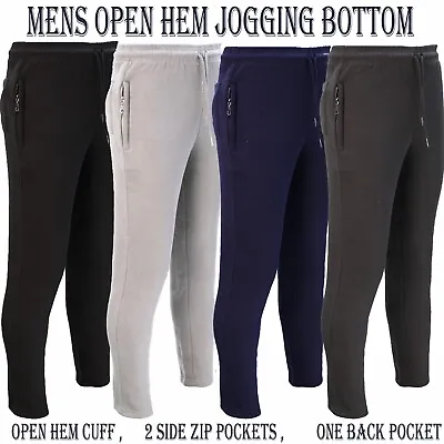 Mens Jogging Bottoms Zip Pockets Pants Fleece OPEN Hem Joggers Trouser • £9.68