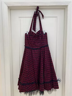 H & R Halter Neck Rock And Roll Dress Dress Up Black And Red Cherries Size 16 • $29