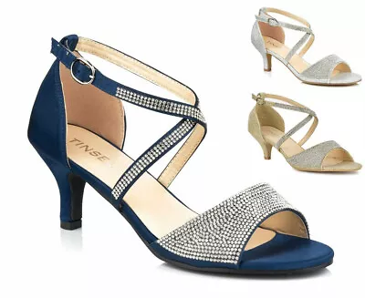 £28.99 • Buy Ladies Diamante Low Kitten Heel Mary Jane Strappy Peep Toe Shoes/sandals 3-8