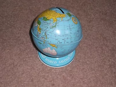 VTG Ohio Art Tin Metal Litho Earth Globe World Coin Piggy Savings Still Bank • $12