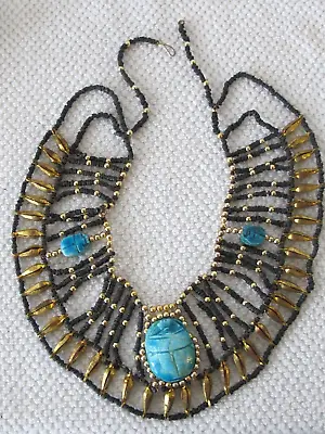 Vintage Cleopatra Egyptian Collar Necklace Ceramic Scarab Bib Statement P8 • $16.50