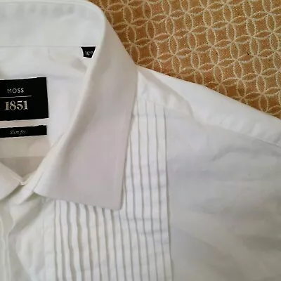 £15 • Buy Moss 1851 White Shirt Slim Fit Pleated Size 16.5 Cotton Long Sleeve Formal