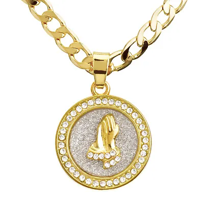 Gold Plated Mini Pray Hand Medallion Pendant 20  Cuban Chain Necklace CP 241 G • $9.99