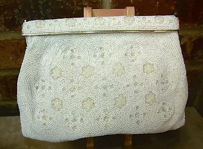 Beaded Clutch Purse White W Gold Frame; Satin Lining French Evening Bag Vintage • $34.99