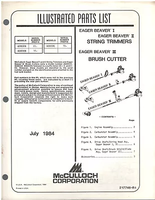 McCulloch Eager Beaver String Trimmer Illustrated Parts List Exploded View 1984 • $5.95