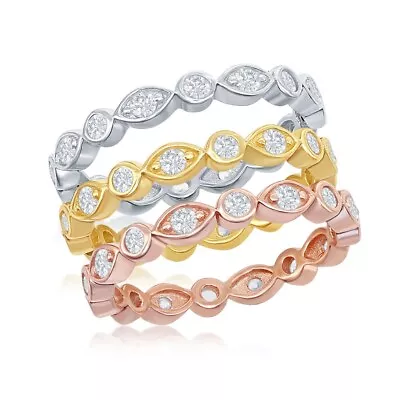 Sterling Silver Tri-Color Marquise And Round CZ Eternity 3-Band Ring • $101