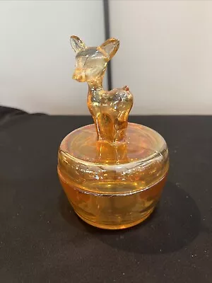 Vtg 1940’s Jeanette Glass Marigold Carnival Glass Deer Fawn Vanity Powder Jar 6  • $9