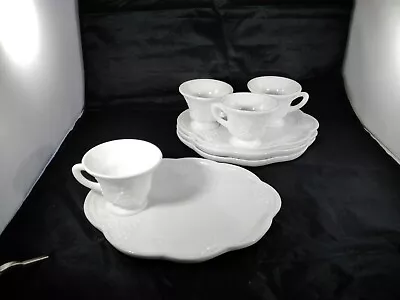 Indiana Colony Milk Glass 4 White Harvest Grape Cup & Plate Snack Luncheon Sets • $15