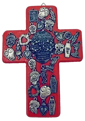 Mexican Milagros Cross Wood Sugar Skull Red Ex Voto Day Of The Dead • $34.99