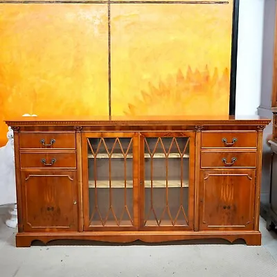 Yew Wood Glazed Bookcase Cabinet Sideboard Vintage • £390