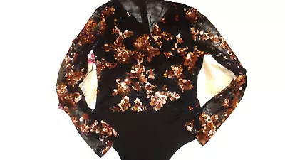 Girl In Mind Sequin Long Sleeve Bodysuit Top Black &Gold Size UK 10 • £12.99