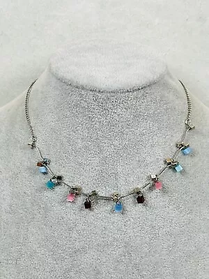 Lia Sophia Necklace Blue Pink Black Beaded Link Silver Tone 17  Costume Jewelry • $9.95