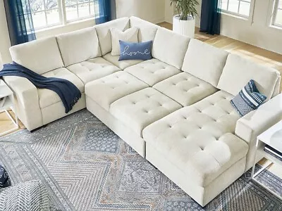 Beige Fabric Sofa Sectional W. Pop Up Bed & Storage Chaise - Living Room Set G1Z • $2442.89