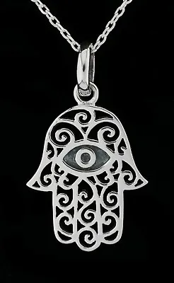 925 Sterling Silver Hamsa Hand Of Fatima Pendant Necklace Evil Eye Spiritual • £10.49