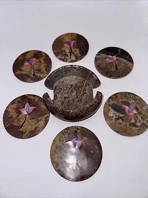 Vintage Marble Stone Abalone Flower Inlay Coaster Set Of 6 W Holder • $27.99