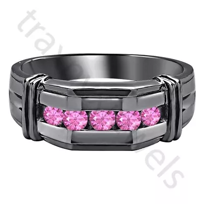 1ct Lab Created Pink Sapphire 14K Black Gold Over 5-Stone Channel Set Men's Ring • $108.53