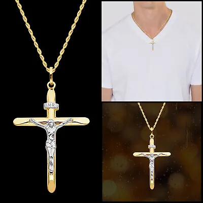 Mens Womens 14K Two Tone Gold Mens Crucifix Religious Cross Pendant INRI • $162