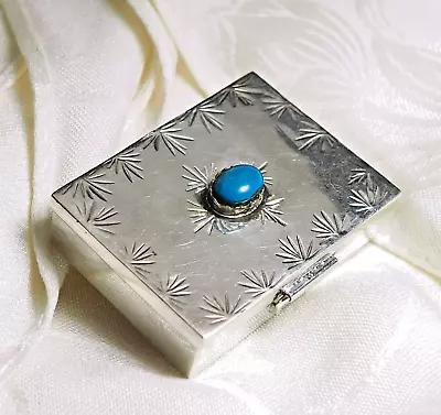 Vintage 925 Sterling Silver Hinged Lid Snuff Pill Box Blue Turquoise 1.5 In • $79.99